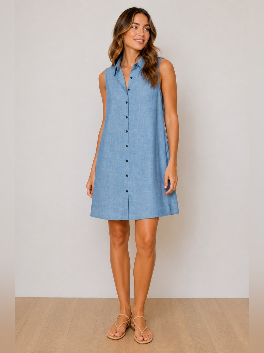 Sleeveless Chambray Button-Front Dress in Light Blue